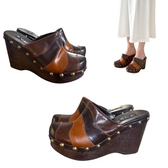 90's y2k VTG. PATCHWORK WEASTERN STUDDED WEDGE CLOGS RULE STEVE MADDEN 7 EUC