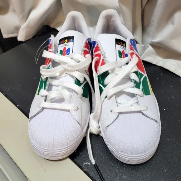 adidas Kids Boys Girls Superstar BIG Trefoil Rainbow COlorful FW4005 White Red