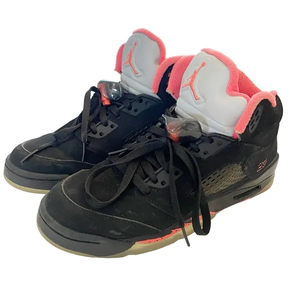 Air Jordan Size 7Y 440892-001 Retro 5 GS Black Alarming Shoes Girls's Sneakers