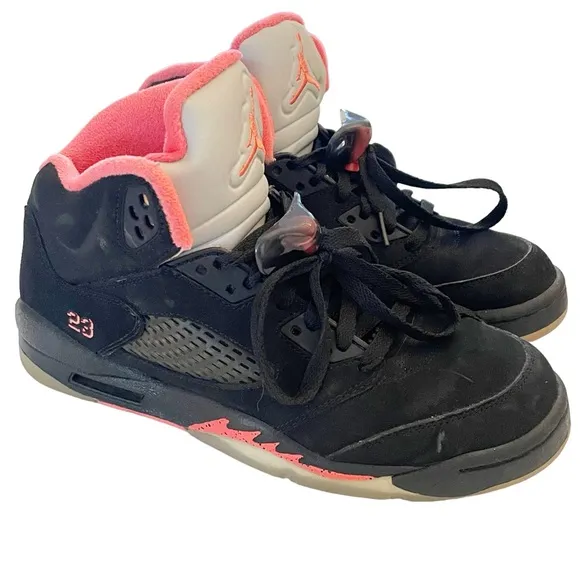 Air Jordan Size 7Y 440892-001 Retro 5 GS Black Alarming Shoes Girls's Sneakers