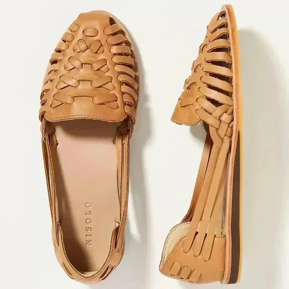 Anthropologie hurache Nisolo Woven Leather Sandals cognac whiskey tan sz 10