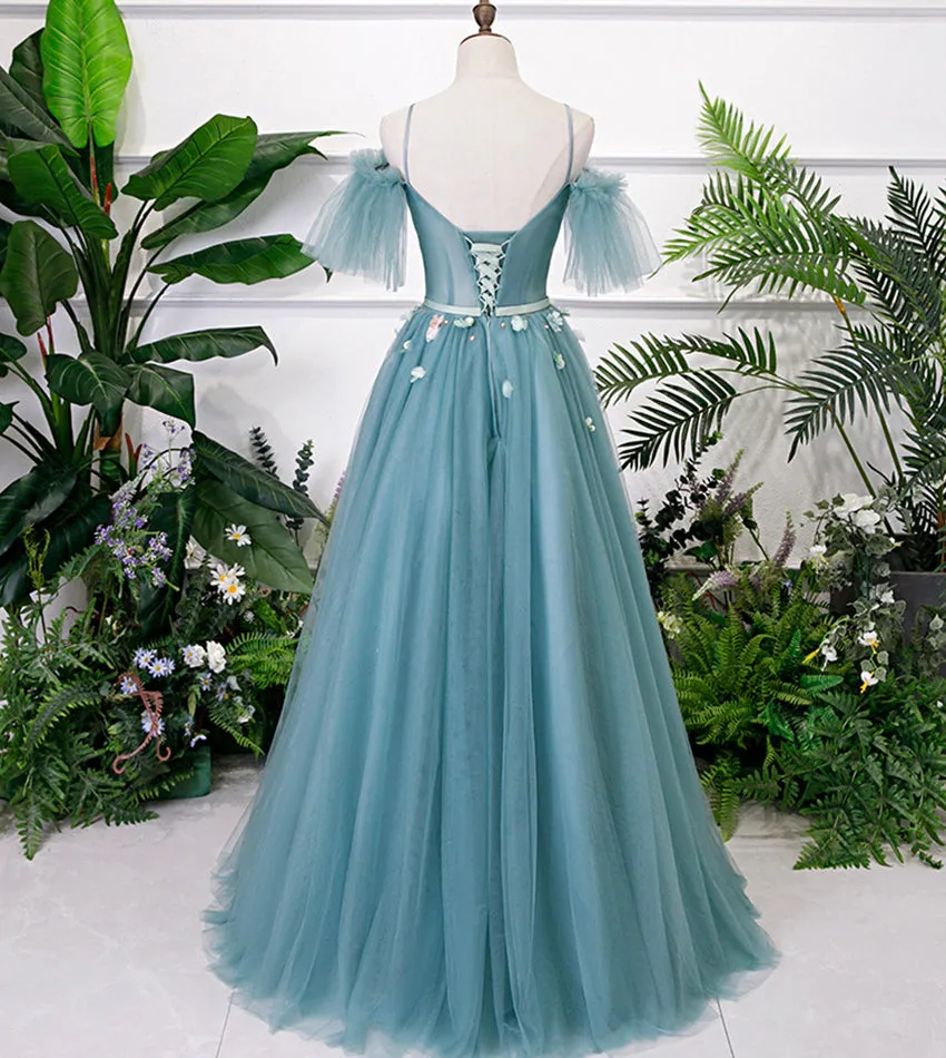 Beautiful Green Tulle Off Shoulder Party Dress, A-line Prom Dress with Flowers