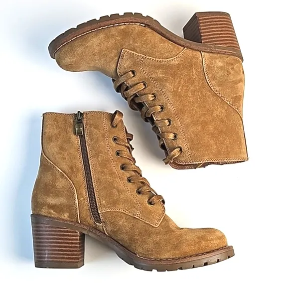 Bjorndal Sasha Suede Leather Camel Tan Lace-up Side Zip Block Heel Ankle Boot