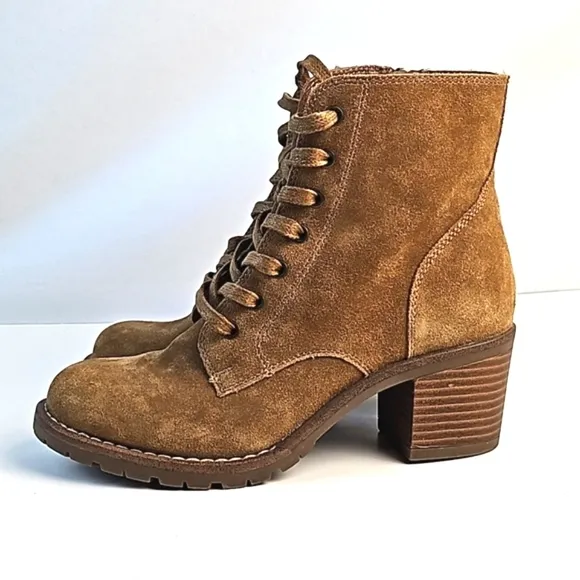 Bjorndal Sasha Suede Leather Camel Tan Lace-up Side Zip Block Heel Ankle Boot