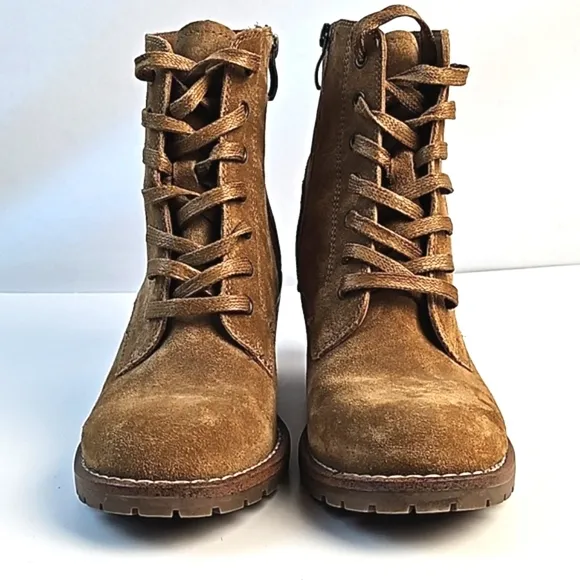 Bjorndal Sasha Suede Leather Camel Tan Lace-up Side Zip Block Heel Ankle Boot