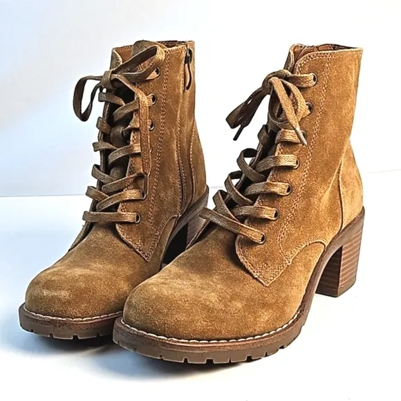 Bjorndal Sasha Suede Leather Camel Tan Lace-up Side Zip Block Heel Ankle Boot
