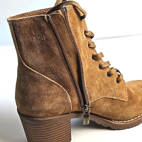Bjorndal Sasha Suede Leather Camel Tan Lace-up Side Zip Block Heel Ankle Boot