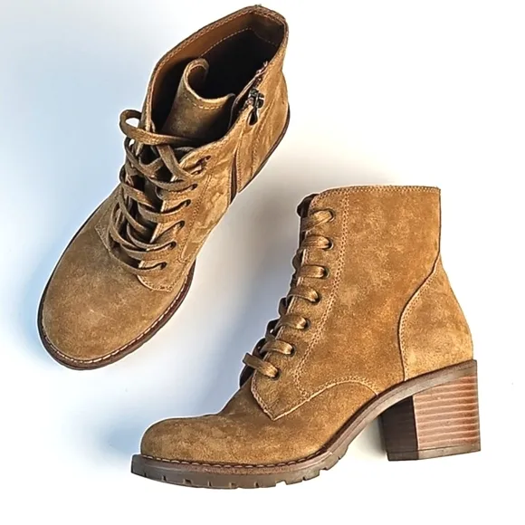 Bjorndal Sasha Suede Leather Camel Tan Lace-up Side Zip Block Heel Ankle Boot