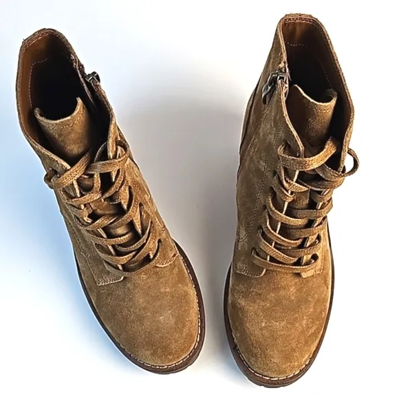 Bjorndal Sasha Suede Leather Camel Tan Lace-up Side Zip Block Heel Ankle Boot