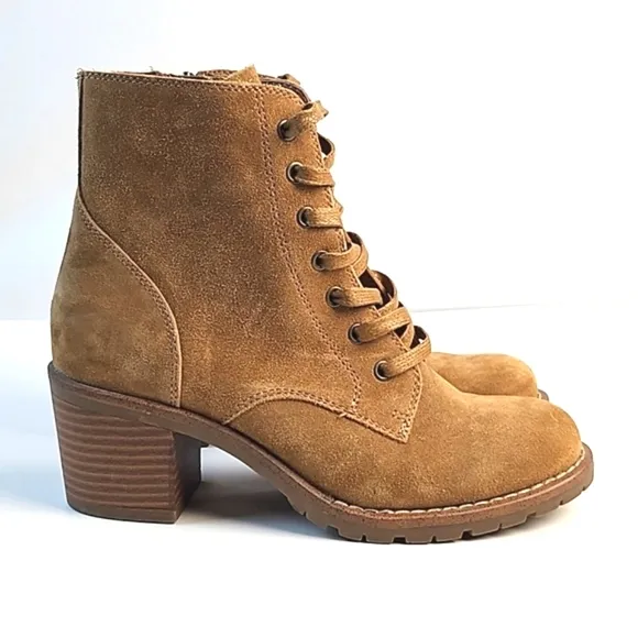 Bjorndal Sasha Suede Leather Camel Tan Lace-up Side Zip Block Heel Ankle Boot