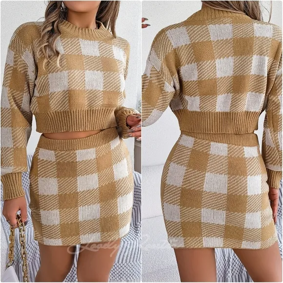 Black Plaid Top and Skirt Sweater Set