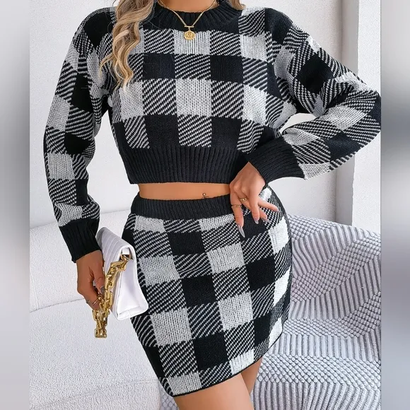 Black Plaid Top and Skirt Sweater Set