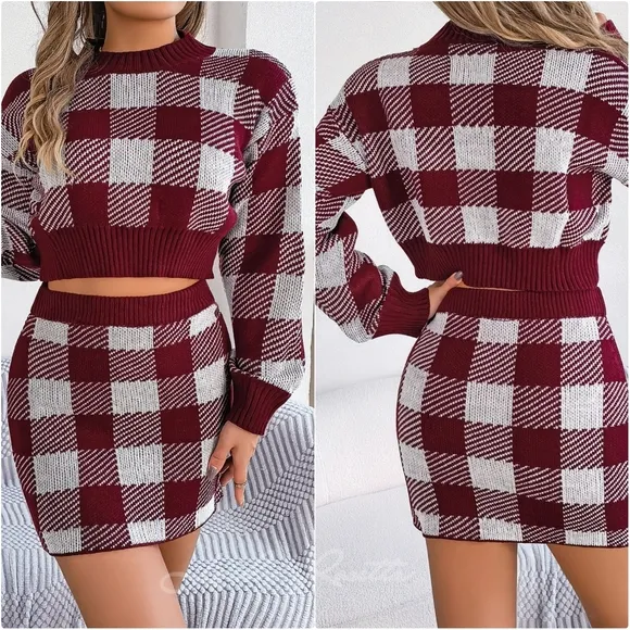 Black Plaid Top and Skirt Sweater Set