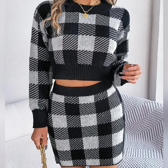 Black Plaid Top and Skirt Sweater Set