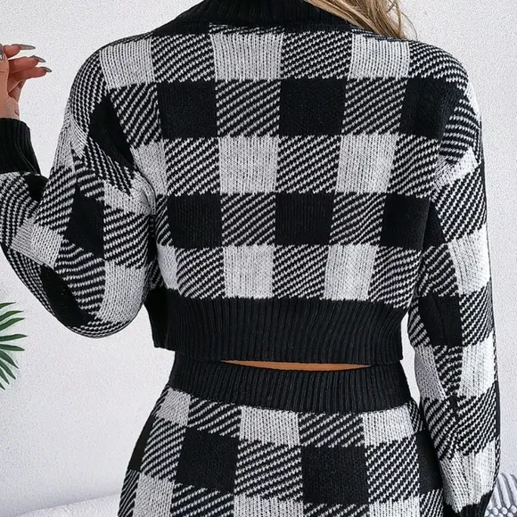 Black Plaid Top and Skirt Sweater Set