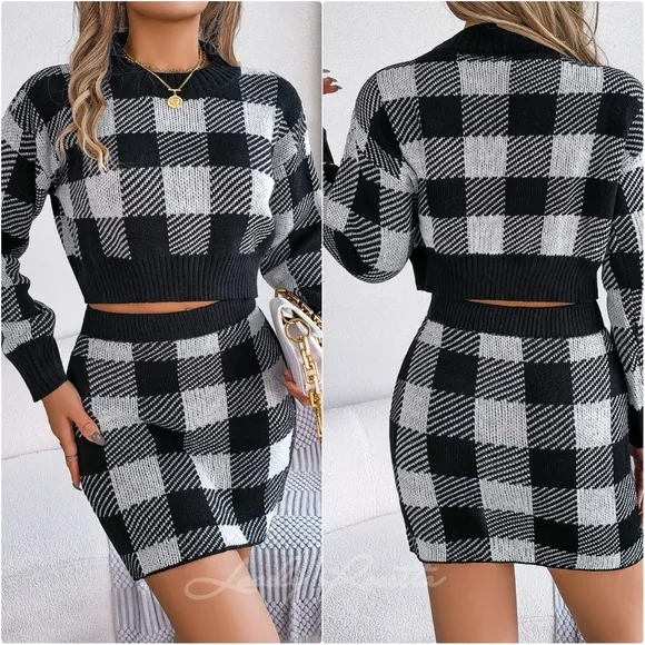 Black Plaid Top and Skirt Sweater Set