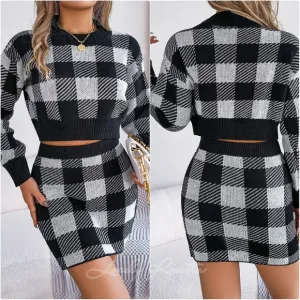 Black Plaid Top and Skirt Sweater Set