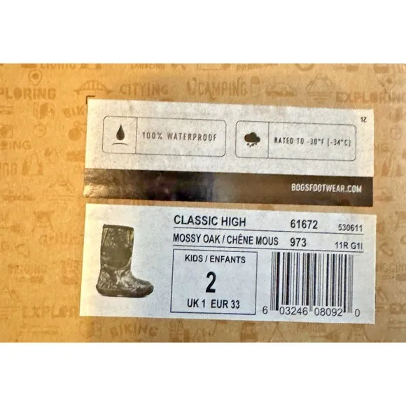 Bogs Classic High Camo Kids' Boots, Mossy Oak Country, Size Youth 2