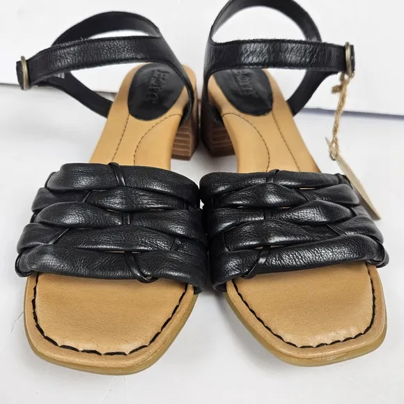 Born Shonie Sandals Black‎ Leather Block Heel Strappy 9 Woven