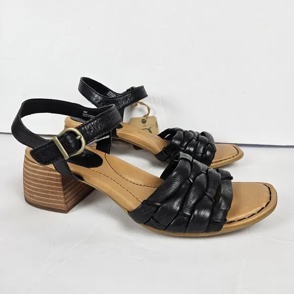 Born Shonie Sandals Black‎ Leather Block Heel Strappy 9 Woven