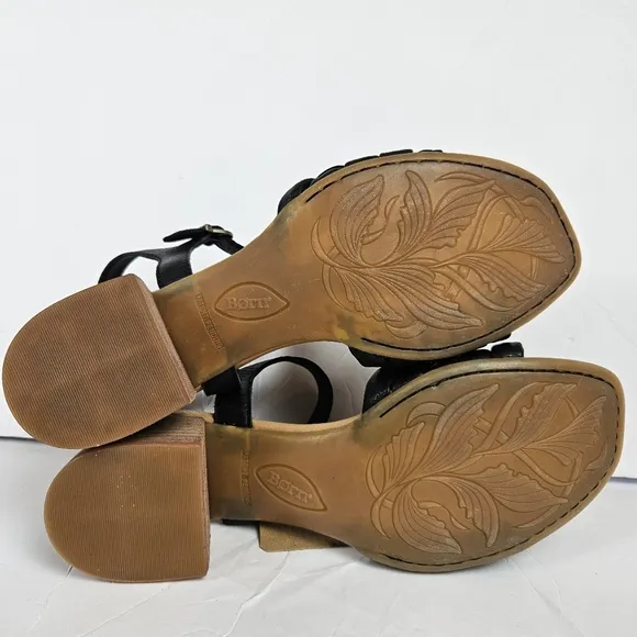 Born Shonie Sandals Black‎ Leather Block Heel Strappy 9 Woven
