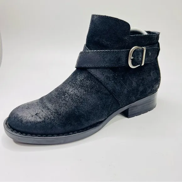 BORN Trinculo Black Distressed Suede Leather Cross Straps with Buckle Moto Boots