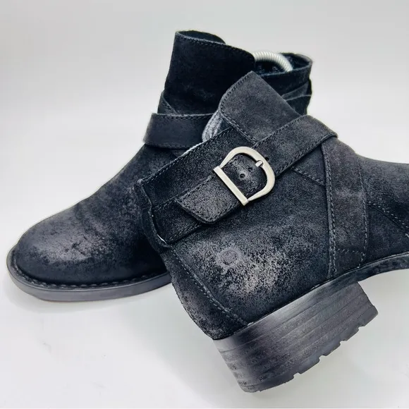 BORN Trinculo Black Distressed Suede Leather Cross Straps with Buckle Moto Boots