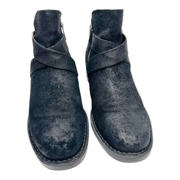 BORN Trinculo Black Distressed Suede Leather Cross Straps with Buckle Moto Boots