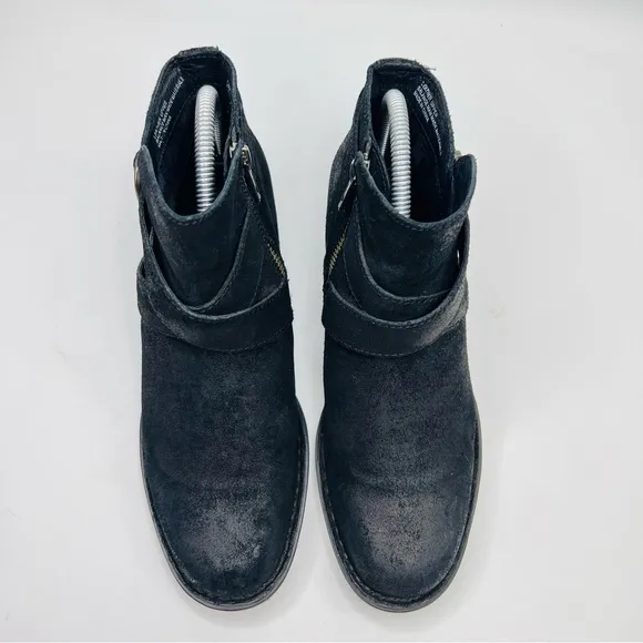 BORN Trinculo Black Distressed Suede Leather Cross Straps with Buckle Moto Boots
