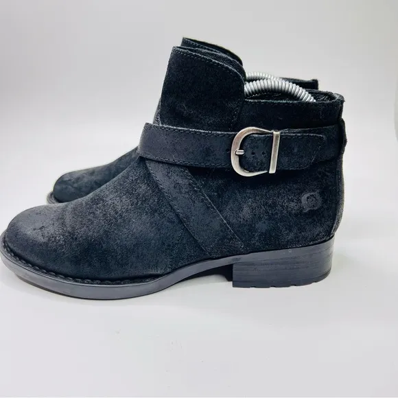 BORN Trinculo Black Distressed Suede Leather Cross Straps with Buckle Moto Boots