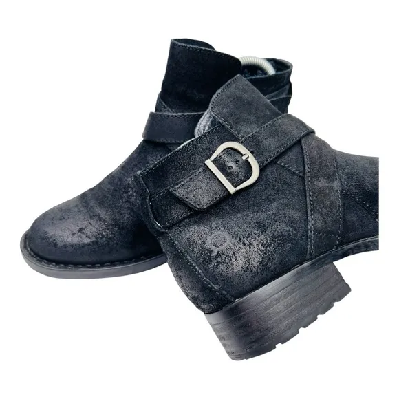 BORN Trinculo Black Distressed Suede Leather Cross Straps with Buckle Moto Boots