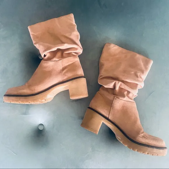 Boutique tan faux suede mid calf slouchy boots