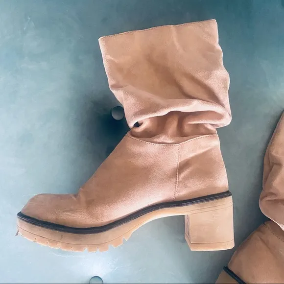 Boutique tan faux suede mid calf slouchy boots