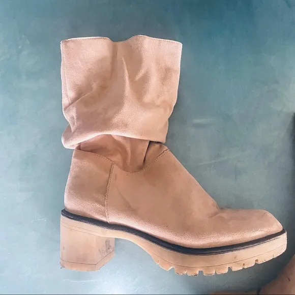 Boutique tan faux suede mid calf slouchy boots