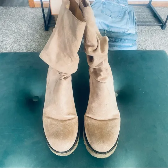 Boutique tan faux suede mid calf slouchy boots