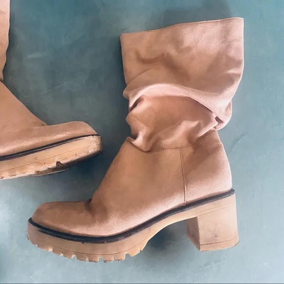 Boutique tan faux suede mid calf slouchy boots