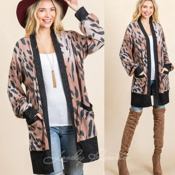 Brown Soft Bubble Sleeve Animal Print Cardigan