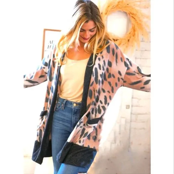 Brown Soft Bubble Sleeve Animal Print Cardigan