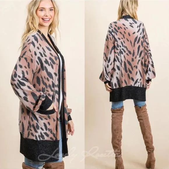 Brown Soft Bubble Sleeve Animal Print Cardigan
