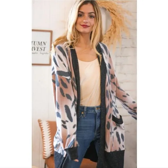 Brown Soft Bubble Sleeve Animal Print Cardigan