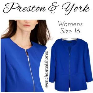 Classic Blazer Professional Power Suit Jacket Zip Up Round Vneck Blue Size 16