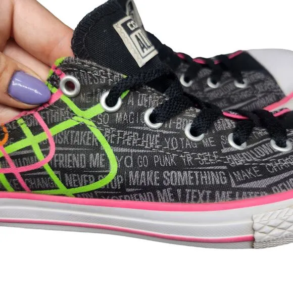 Converse All Star Shoes Juniors 6 Black Neon Green Pink Retro Punk Low Tops