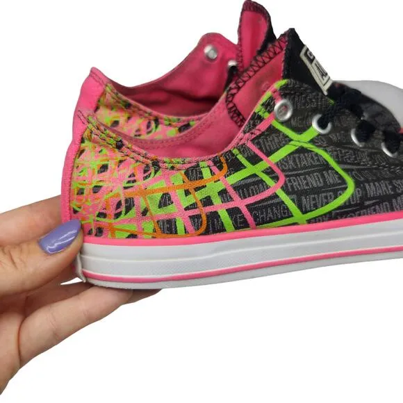 Converse All Star Shoes Juniors 6 Black Neon Green Pink Retro Punk Low Tops