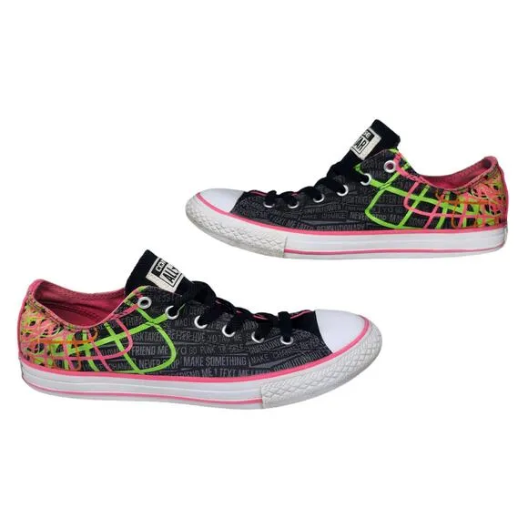Converse All Star Shoes Juniors 6 Black Neon Green Pink Retro Punk Low Tops