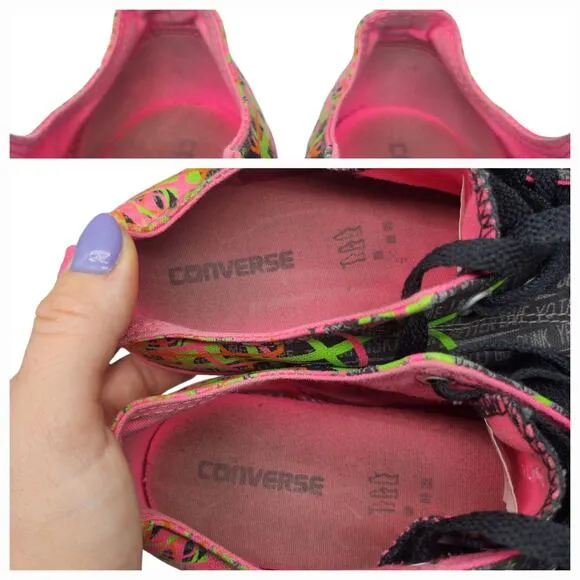 Converse All Star Shoes Juniors 6 Black Neon Green Pink Retro Punk Low Tops