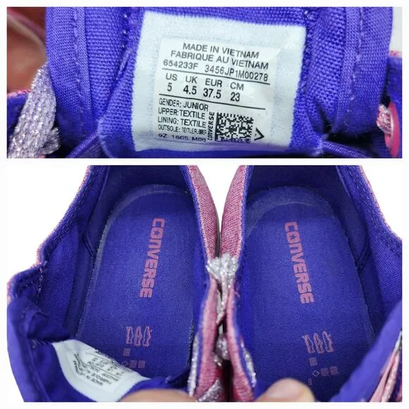 Converse Shoes Juniors 5 Womens 6.5 Pink Purple Striped Shimmery Low Tops