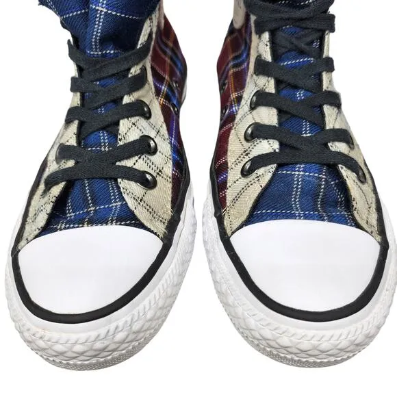 Converse Shoes Womens 6 Plaid Zipper Steampunk Emo High Tops Maroon Blue Punk