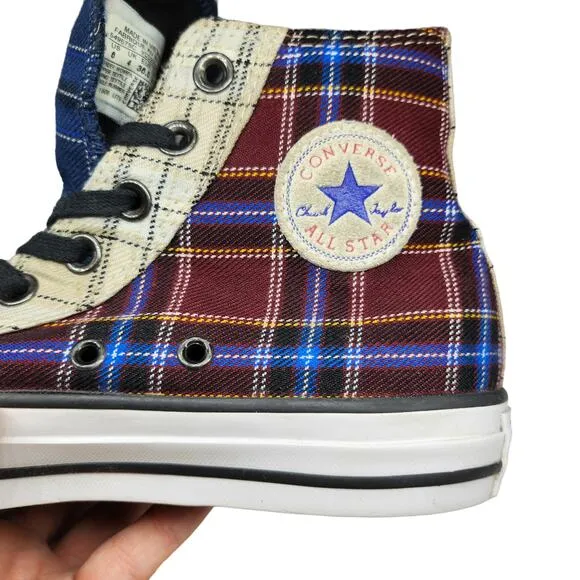Converse Shoes Womens 6 Plaid Zipper Steampunk Emo High Tops Maroon Blue Punk