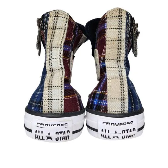 Converse Shoes Womens 6 Plaid Zipper Steampunk Emo High Tops Maroon Blue Punk
