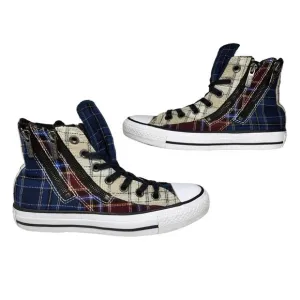 Converse Shoes Womens 6 Plaid Zipper Steampunk Emo High Tops Maroon Blue Punk